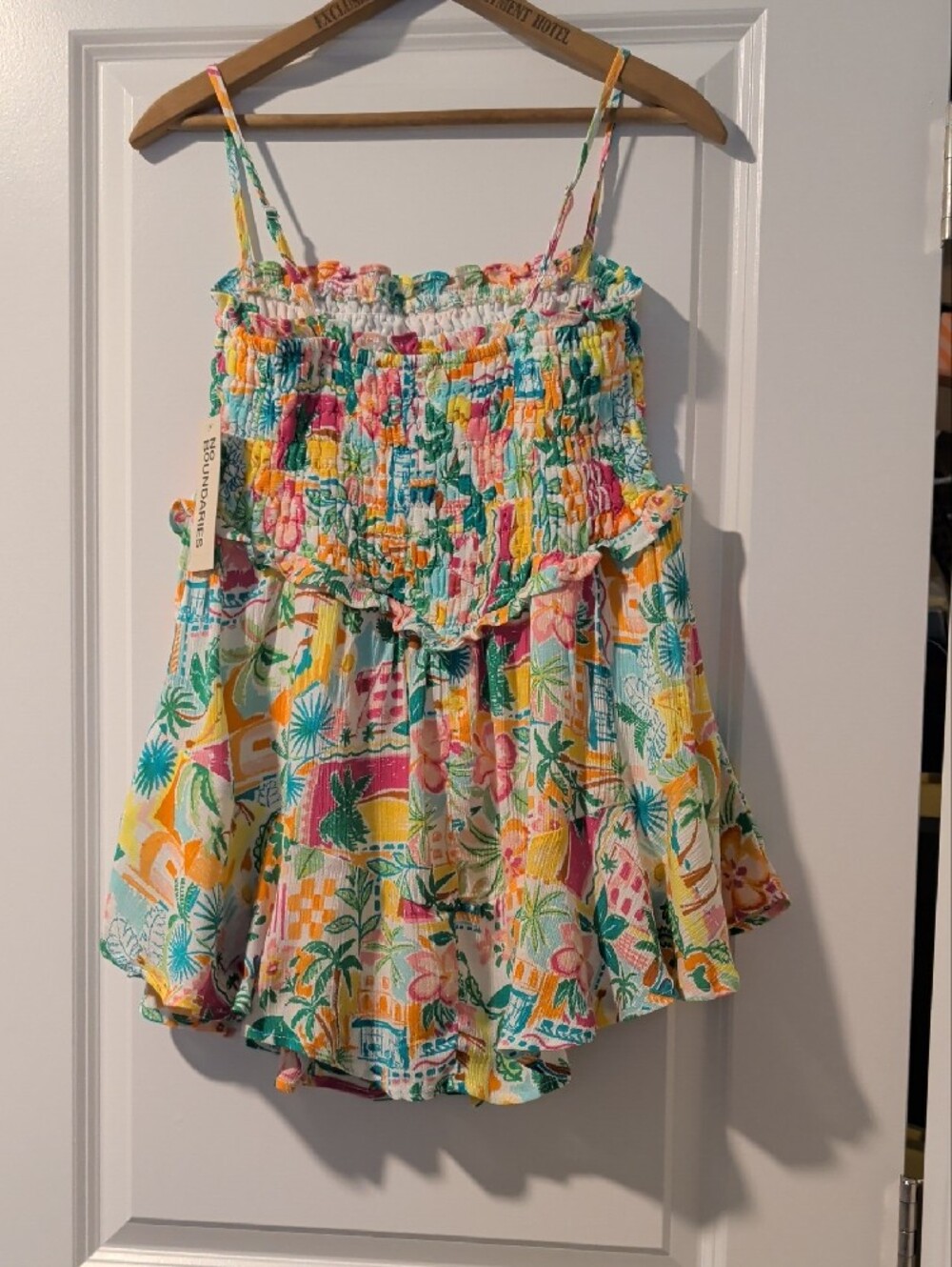 No Boundaries Multicolor Smocked Floral Spaghetti-Strap Romper - Picture 4 of 7